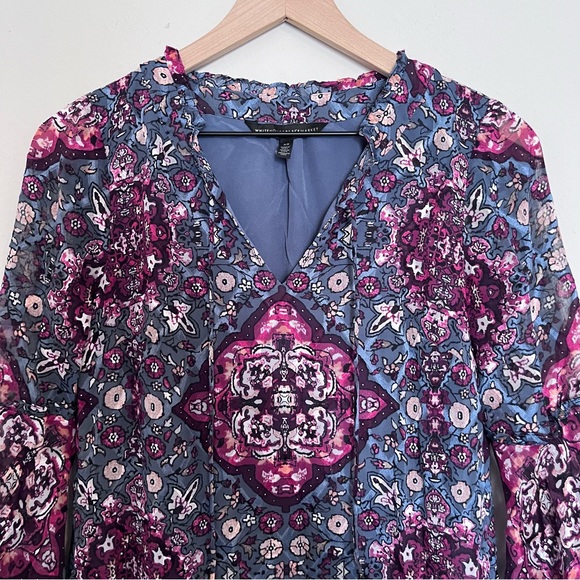 White House Black Market Medallion Floral Shift Dress Bell Sleeves XS Boho - Picture 4 of 14